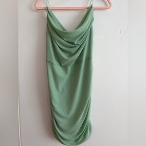 Sage Green Ruched Shimmery Cowl Neck Midi Dress Wedding Guest Bridesmaid M